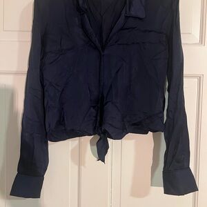 Aritzia Navy Satin Blouse cropped with tie at bottom